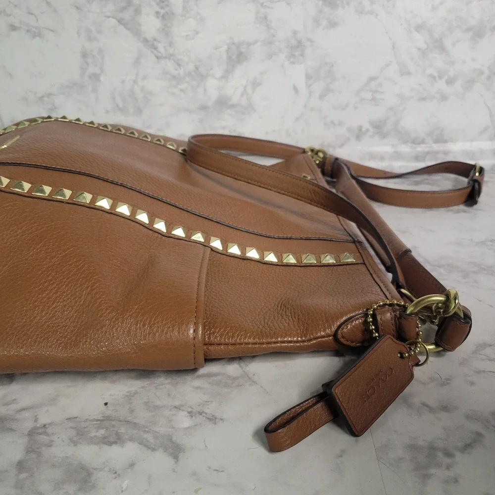 Coach Studded Pebbled Leather Shoulder Bag Saddle Brown Gold Hardware Crossbody
